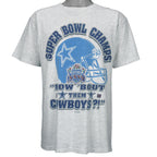 1993 vintage NFL Dallas Cowboys Super Bowl XXVII Champions T-Shirt. Grey in color with spell-out "How 'Bout them Cowboys" and helmet printed on front, fits Large in size and in excellent condition.