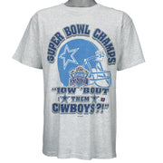 1993 vintage NFL Dallas Cowboys Super Bowl XXVII Champions T-Shirt. Grey in color with spell-out "How 'Bout them Cowboys" and helmet printed on front, fits Large in size and in excellent condition.