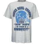 1993 vintage NFL Dallas Cowboys Super Bowl XXVII Champions T-Shirt. Grey in color with spell-out "How 'Bout them Cowboys" and helmet printed on front, fits Large in size and in excellent condition.