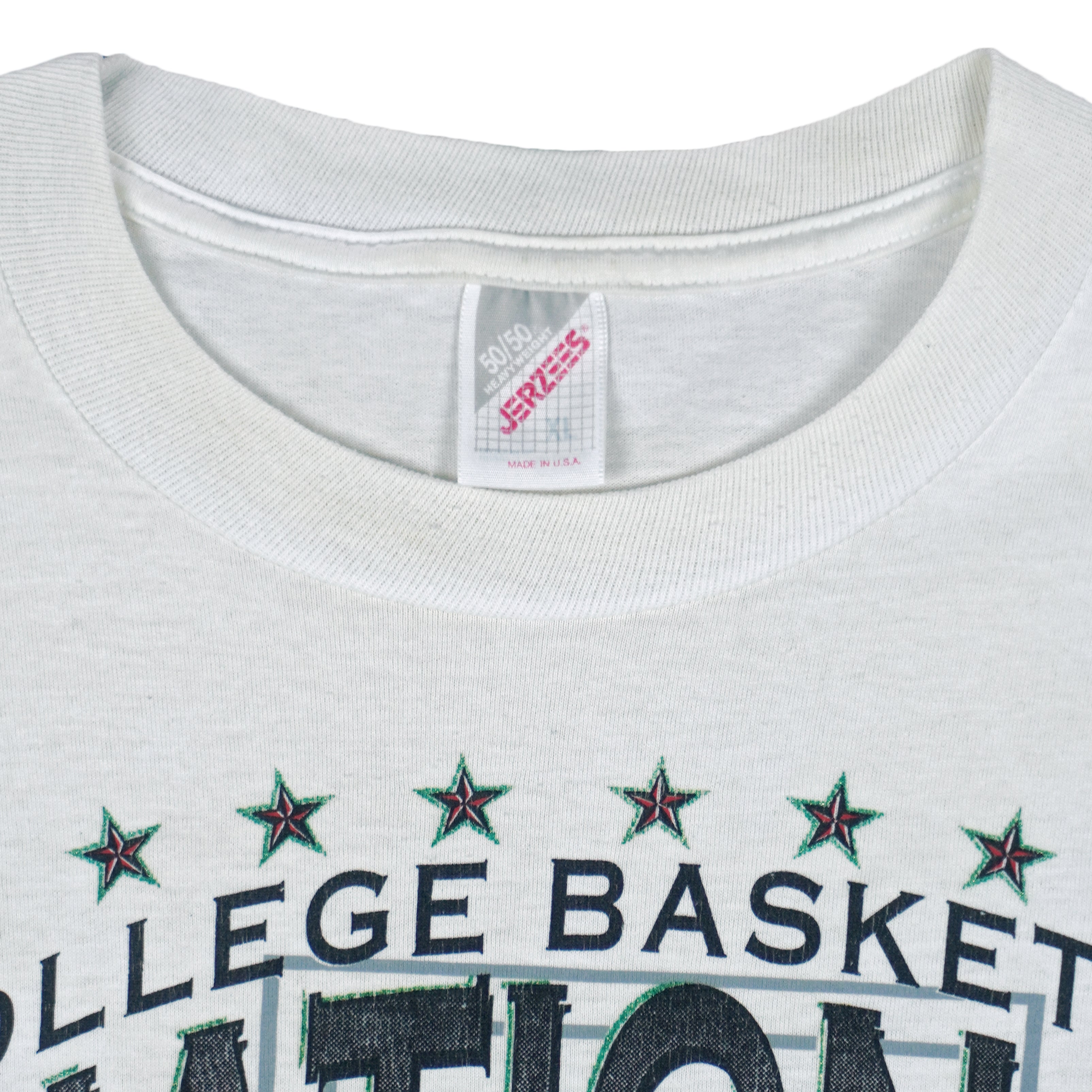 1994 vintage NCAA Arkansas Razorbacks National Champions T-Shirt by Jerzees. White in color with stats spell-out printed by Red Oak Sportswear, X-Large in size and is in excellent condition.