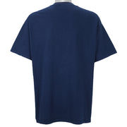 1998 vintage NFL Denver Broncos, Super Bowl XXXII Champions, T-Shirt by Lee. Blue​ in color with big spell-out and logo on front, tag is X-Large but fits Large in size and is in very good condition.