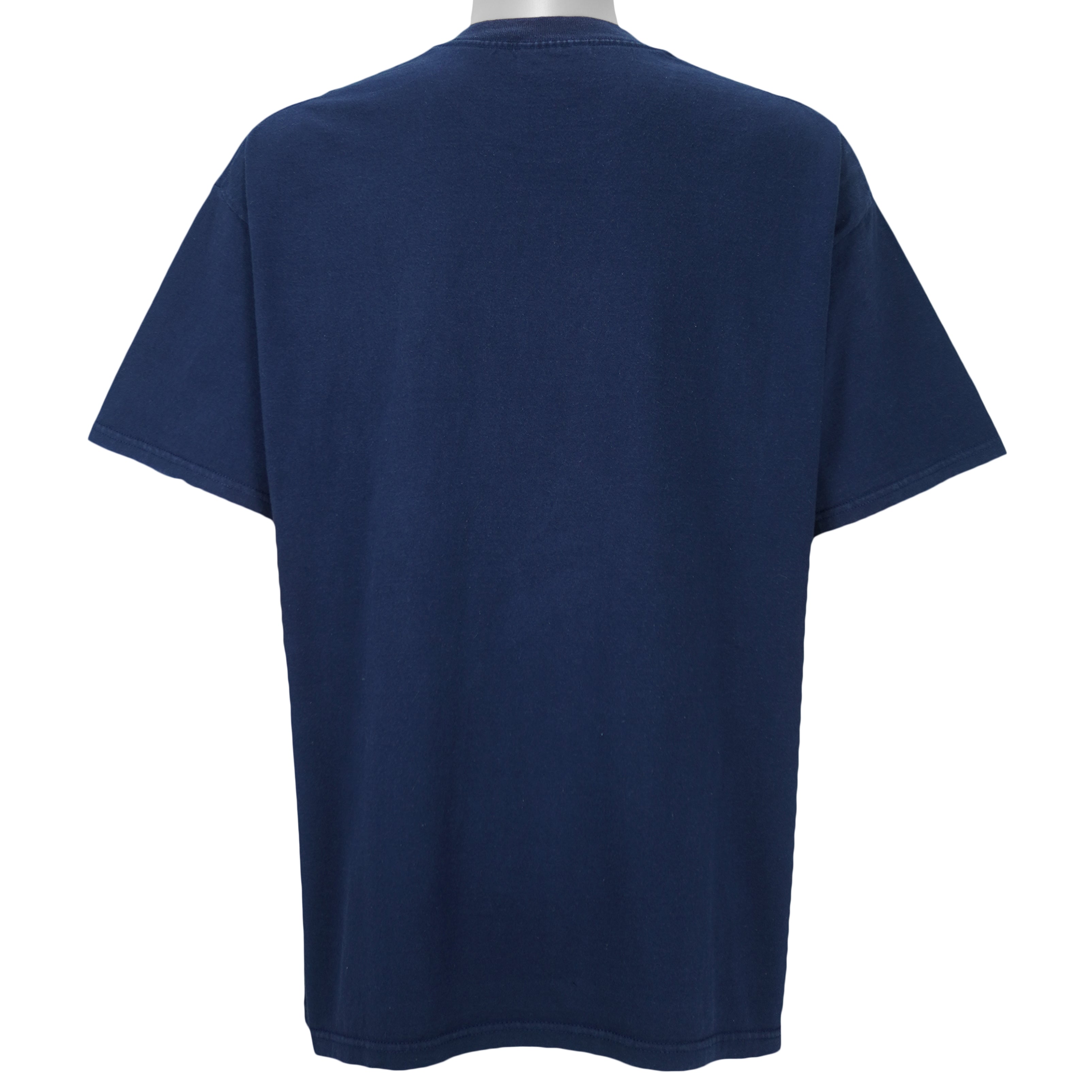 1998 vintage NFL Denver Broncos, Super Bowl XXXII Champions, T-Shirt by Lee. Blue​ in color with big spell-out and logo on front, tag is X-Large but fits Large in size and is in very good condition.