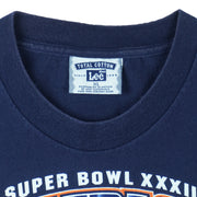 1998 vintage NFL Denver Broncos, Super Bowl XXXII Champions, T-Shirt by Lee. Blue​ in color with big spell-out and logo on front, tag is X-Large but fits Large in size and is in very good condition.