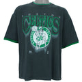1990s vintage NBA Boston Celtics roll em ups, ringer, spell-out T-Shirt by Official Fan. Black in color with green trim, X-Large in size and is in excellent condition.