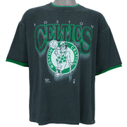 1990s vintage NBA Boston Celtics roll em ups, ringer, spell-out T-Shirt by Official Fan. Black in color with green trim, X-Large in size and is in excellent condition.