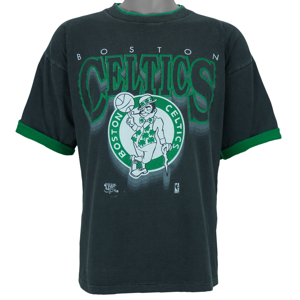 1990s vintage NBA Boston Celtics roll em ups, ringer, spell-out T-Shirt by Official Fan. Black in color with green trim, X-Large in size and is in excellent condition.