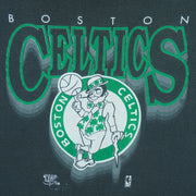 1990s vintage NBA Boston Celtics roll em ups, ringer, spell-out T-Shirt by Official Fan. Black in color with green trim, X-Large in size and is in excellent condition.