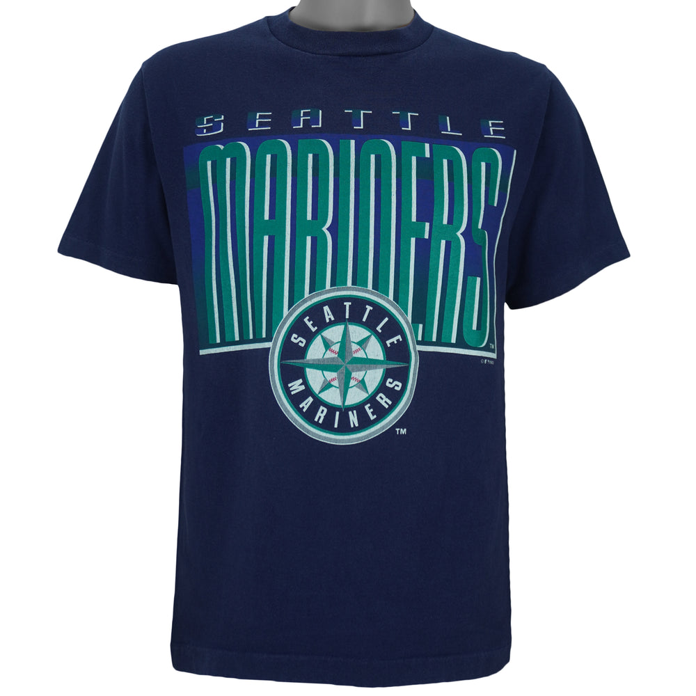 1993 vintage MLB Seattle Mariners big spell-out T-Shirt by Competitor. Blue in color, fitting Medium in size and is in excellent condition.
