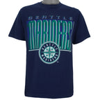 1993 vintage MLB Seattle Mariners big spell-out T-Shirt by Competitor. Blue in color, fitting Medium in size and is in excellent condition.