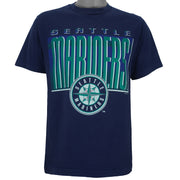 1993 vintage MLB Seattle Mariners big spell-out T-Shirt by Competitor. Blue in color, fitting Medium in size and is in excellent condition.
