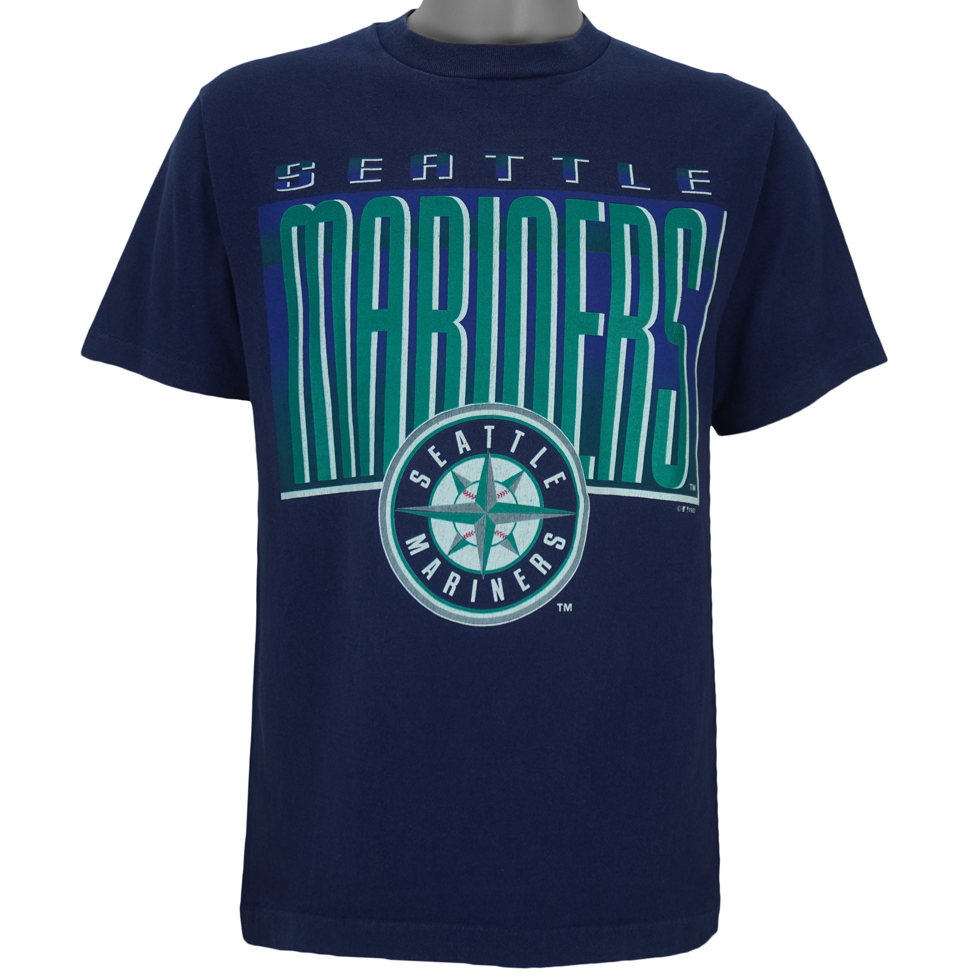 1993 vintage MLB Seattle Mariners big spell-out T-Shirt by Competitor. Blue in color, fitting Medium in size and is in excellent condition.