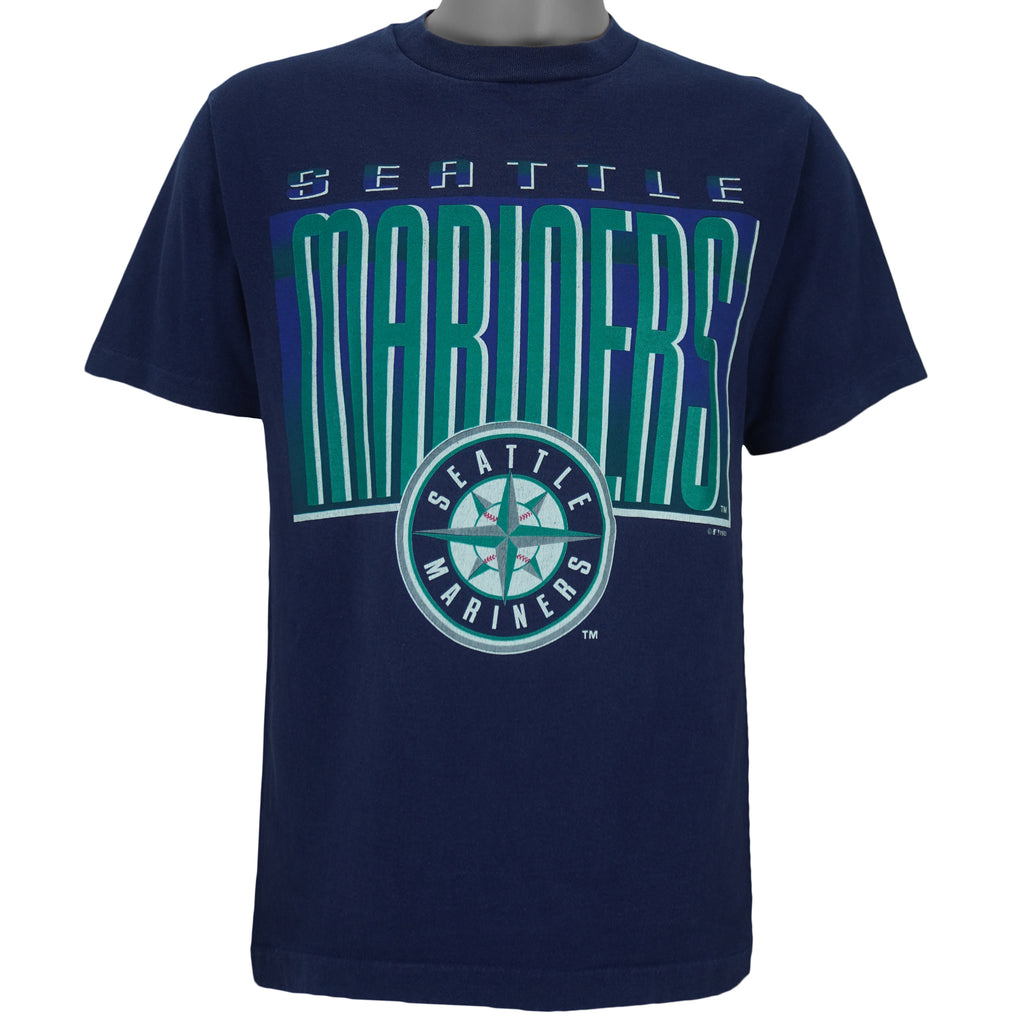 1993 vintage MLB Seattle Mariners big spell-out T-Shirt by Competitor. Blue in color, fitting Medium in size and is in excellent condition.