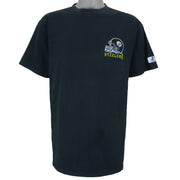 1990s vintage NFL Pittsburgh Steelers embroidered T-Shirt by Logo Athletic. Black in color with patch above right breast and on left sleeve, fits X-Large and is in excellent condition.
