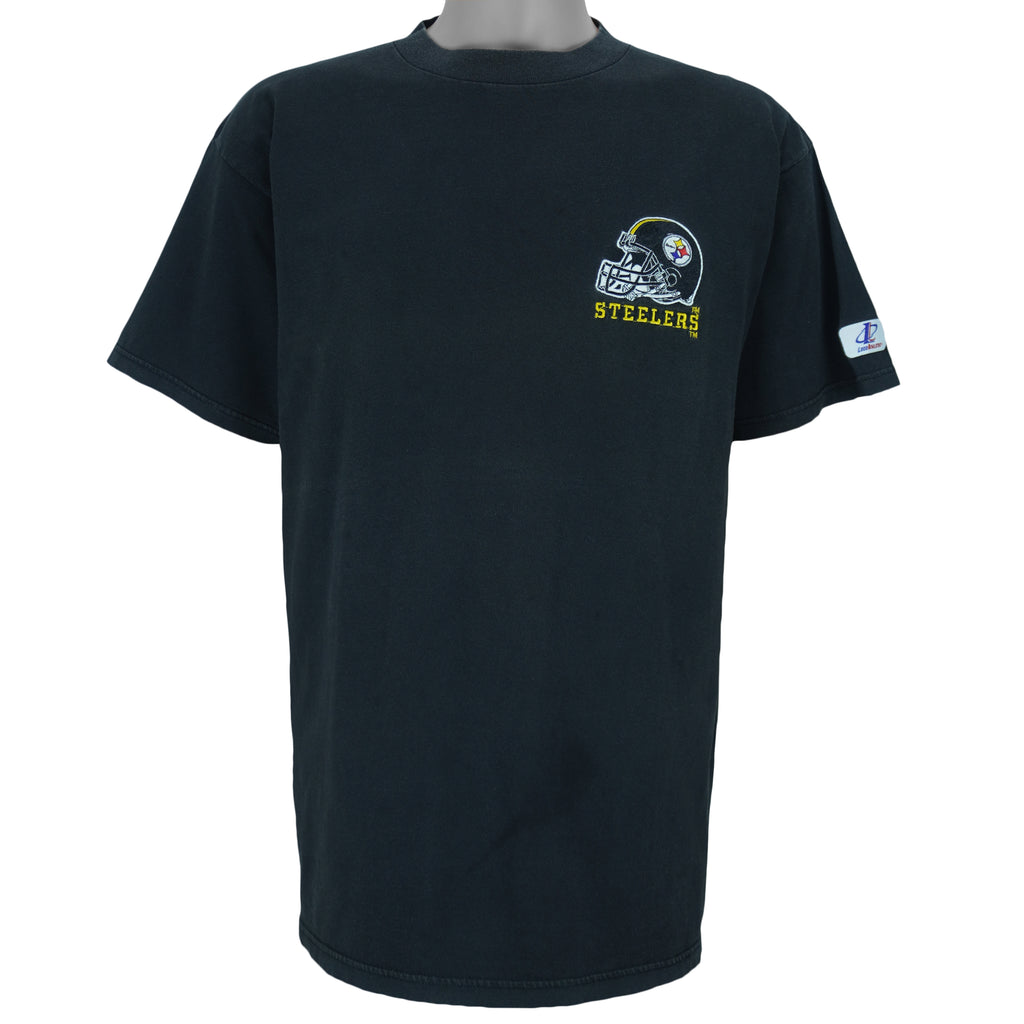 1990s vintage NFL Pittsburgh Steelers embroidered T-Shirt by Logo Athletic. Black in color with patch above right breast and on left sleeve, fits X-Large and is in excellent condition.