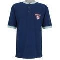 1999 vintage MLB New York Yankees embroidered T-Shirt by Pro Edge, Genuine Merchandise. Blue in color with three buttons at collar and grey trim, fits Medium to Large in size and is in excellent condition.