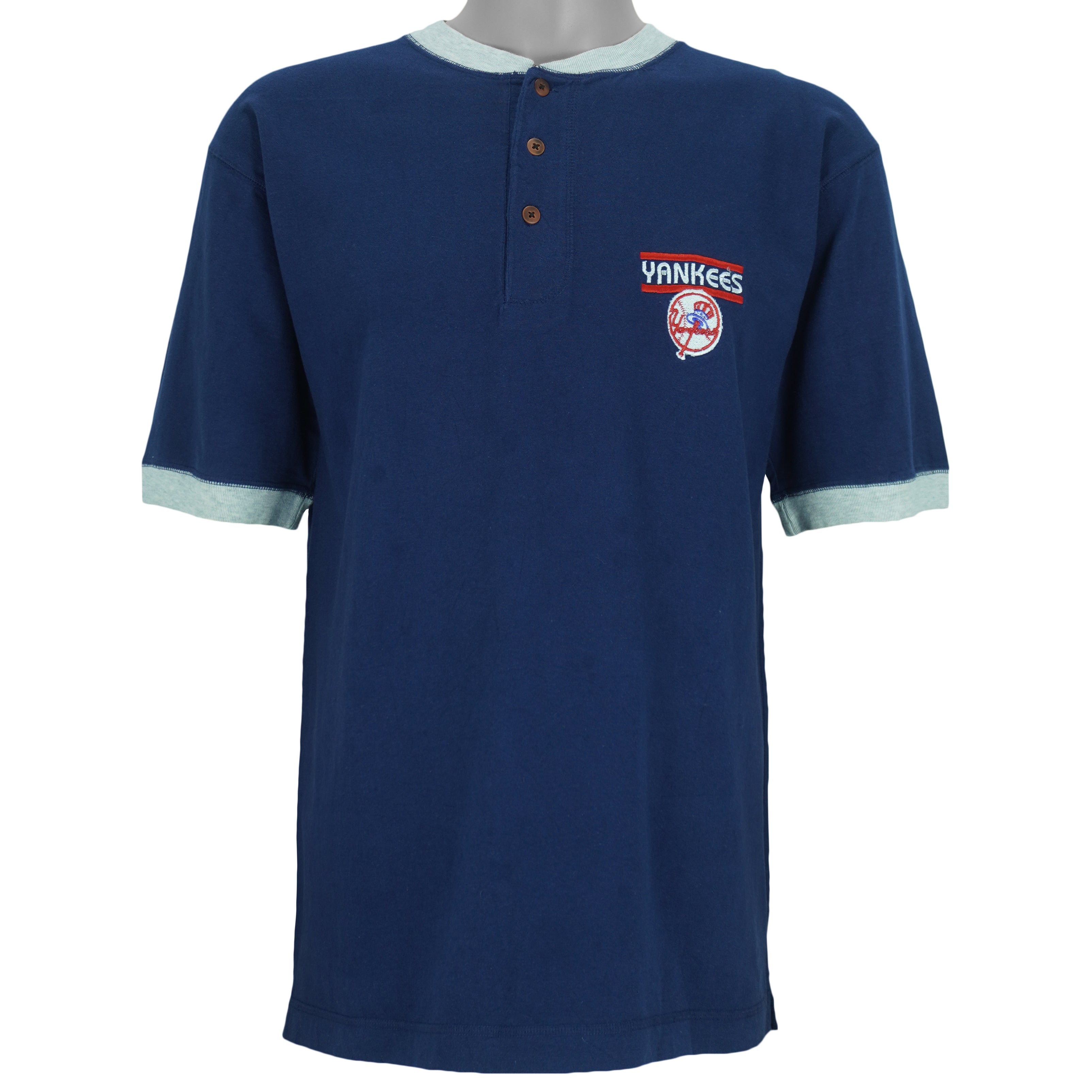 1999 vintage MLB New York Yankees embroidered T-Shirt by Pro Edge, Genuine Merchandise. Blue in color with three buttons at collar and grey trim, fits Medium to Large in size and is in excellent condition.