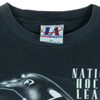 1993 vintage NHL Pittsburgh Penguins T-Shirt by Logo Athletic. Black in color with big spell-out and big chrome-style logo graphic on front, Large in size and is in excellent condition.