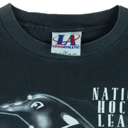1993 vintage NHL Pittsburgh Penguins T-Shirt by Logo Athletic. Black in color with big spell-out and big chrome-style logo graphic on front, Large in size and is in excellent condition.