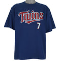 2005 vintage MLB Minnesota Twins Joe Mauer T-Shirt by Lee Sport. Blue in color with sew-on patch logos on front and back, autograph on #7, fits Large in size and is in excellent condition.