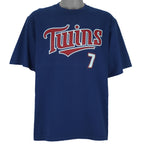 2005 vintage MLB Minnesota Twins Joe Mauer T-Shirt by Lee Sport. Blue in color with sew-on patch logos on front and back, autograph on #7, fits Large in size and is in excellent condition.