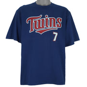 2005 vintage MLB Minnesota Twins Joe Mauer T-Shirt by Lee Sport. Blue in color with sew-on patch logos on front and back, autograph on #7, fits Large in size and is in excellent condition.