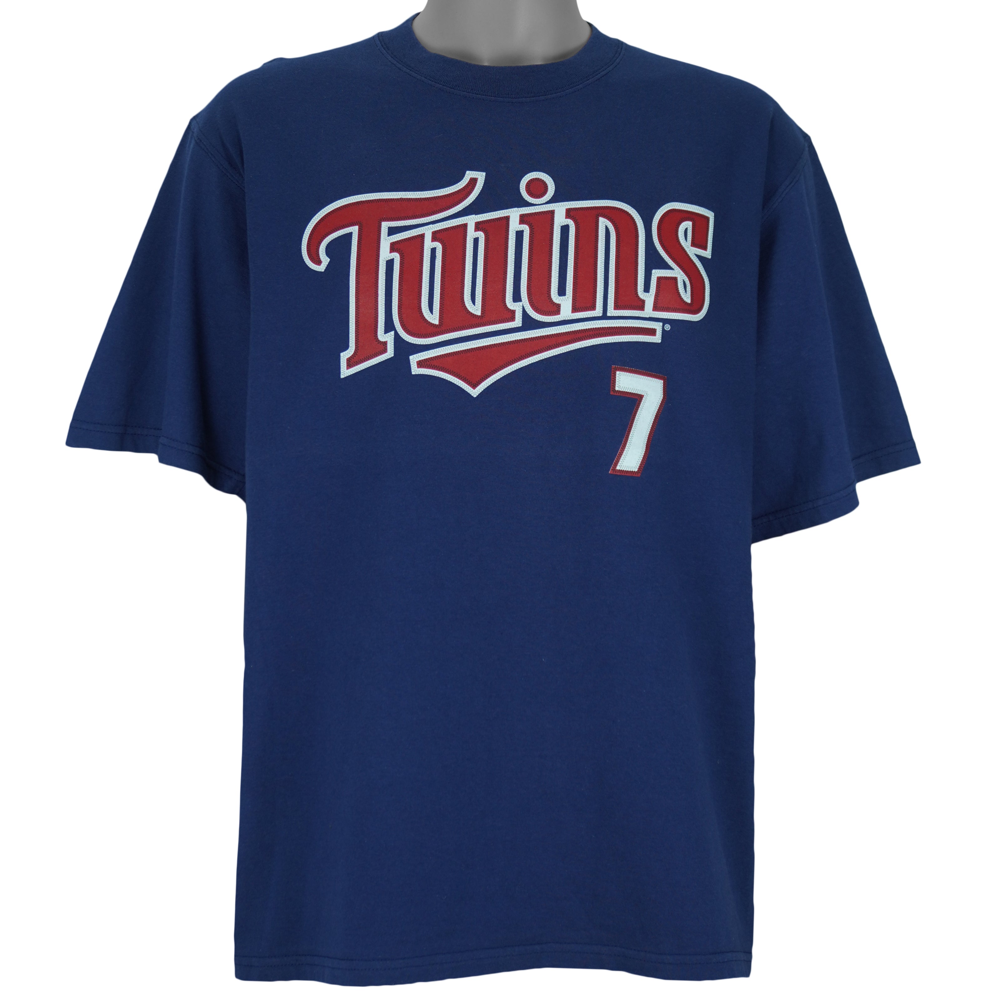 2005 vintage MLB Minnesota Twins Joe Mauer T-Shirt by Lee Sport. Blue in color with sew-on patch logos on front and back, autograph on #7, fits Large in size and is in excellent condition.
