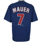 2005 vintage MLB Minnesota Twins Joe Mauer T-Shirt by Lee Sport. Blue in color with sew-on patch logos on front and back, autograph on #7, fits Large in size and is in excellent condition.