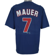 2005 vintage MLB Minnesota Twins Joe Mauer T-Shirt by Lee Sport. Blue in color with sew-on patch logos on front and back, autograph on #7, fits Large in size and is in excellent condition.