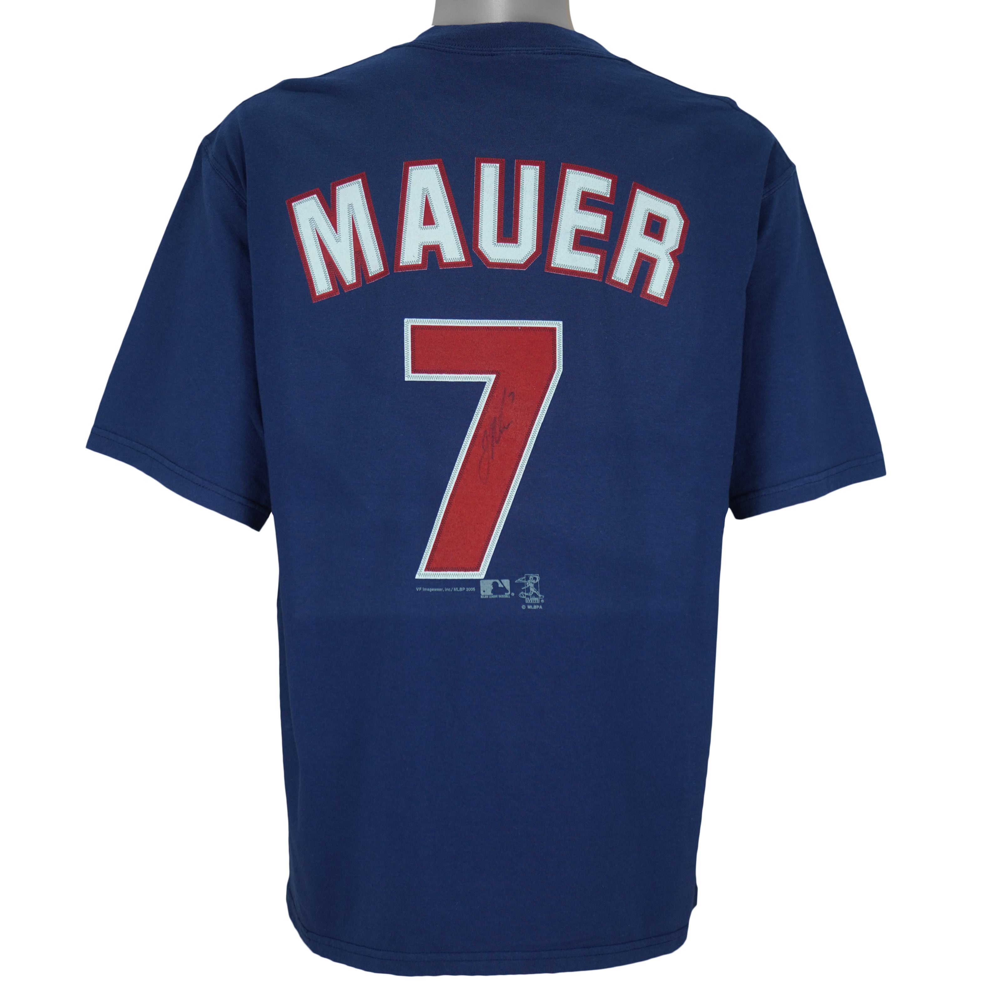 2005 vintage MLB Minnesota Twins Joe Mauer T-Shirt by Lee Sport. Blue in color with sew-on patch logos on front and back, autograph on #7, fits Large in size and is in excellent condition.