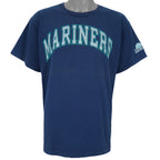 1998 or 99 vintage MLB Seattle Mariners T-Shirt by Salem Sportswear. Dark blue in color with big spell-out on front, big logo on back and small logo on left sleeve, X-Large in size and is in excellent condition.