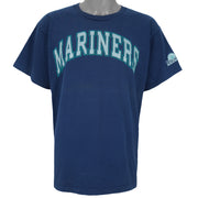 1998 or 99 vintage MLB Seattle Mariners T-Shirt by Salem Sportswear. Dark blue in color with big spell-out on front, big logo on back and small logo on left sleeve, X-Large in size and is in excellent condition.