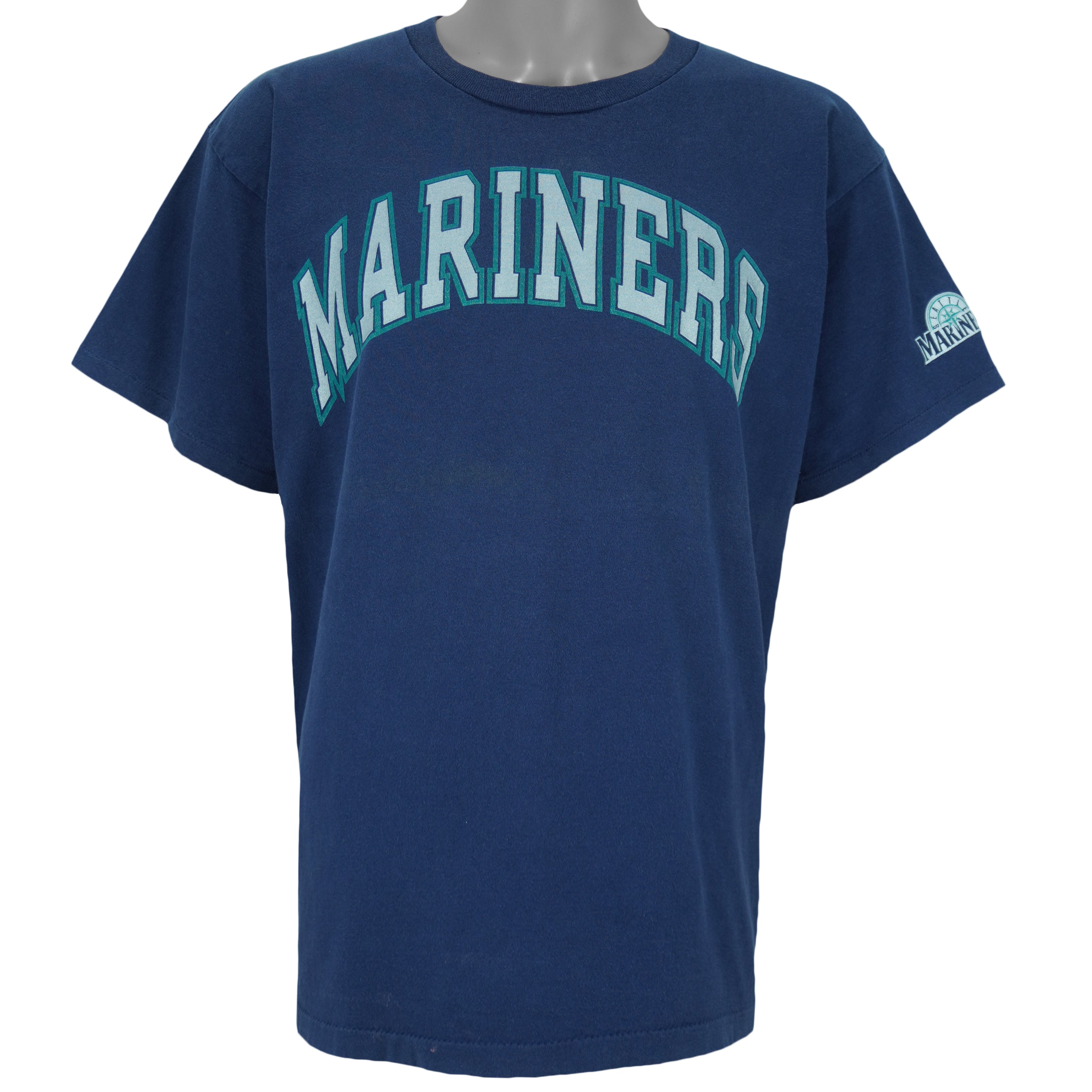 1998 or 99 vintage MLB Seattle Mariners T-Shirt by Salem Sportswear. Dark blue in color with big spell-out on front, big logo on back and small logo on left sleeve, X-Large in size and is in excellent condition.