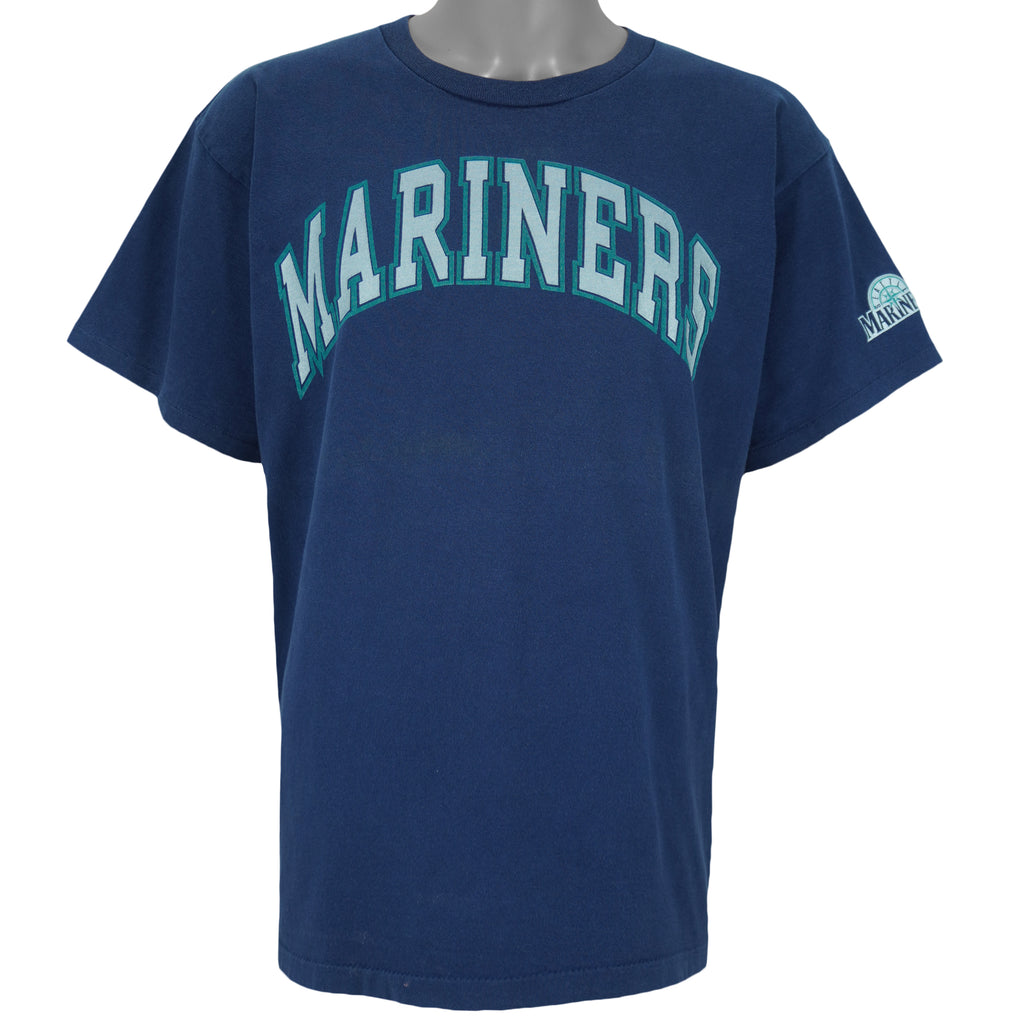 1998 or 99 vintage MLB Seattle Mariners T-Shirt by Salem Sportswear. Dark blue in color with big spell-out on front, big logo on back and small logo on left sleeve, X-Large in size and is in excellent condition.