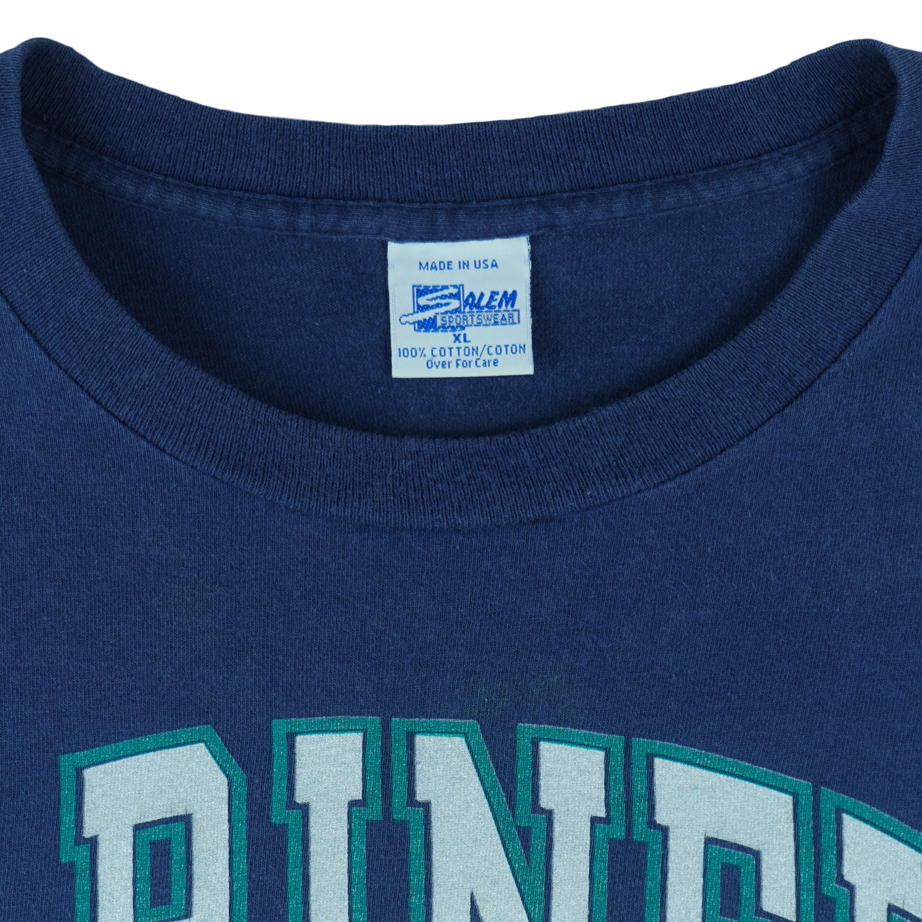 1998 or 99 vintage MLB Seattle Mariners T-Shirt by Salem Sportswear. Dark blue in color with big spell-out on front, big logo on back and small logo on left sleeve, X-Large in size and is in excellent condition.