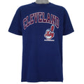 1988 vintage MLB Cleveland Indians spell-out printed T-Shirt by Champion Products. Blue in color with logo on front. Fits Large in size and is in excellent condition.