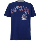 1988 vintage MLB Cleveland Indians spell-out printed T-Shirt by Champion Products. Blue in color with logo on front. Fits Large in size and is in excellent condition.