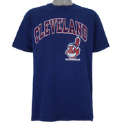 1988 vintage MLB Cleveland Indians spell-out printed T-Shirt by Champion Products. Blue in color with logo on front. Fits Large in size and is in excellent condition.
