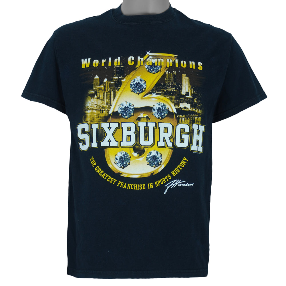 2009 vintage NFL Pittsburgh Steelers 6-time Super Bowl Champions print on a Gildan T-Shirt. Black​ in color with "Sixburgh, The Greatest Franchise in Sports History" spell-out and "JHarrison" signature script on front. Medium in size and is in excellent condition.