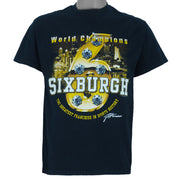 2009 vintage NFL Pittsburgh Steelers 6-time Super Bowl Champions print on a Gildan T-Shirt. Black​ in color with "Sixburgh, The Greatest Franchise in Sports History" spell-out and "JHarrison" signature script on front. Medium in size and is in excellent condition.