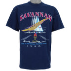 1996 vintage Atlanta Olympic Games Yachting T-Shirt by Hanes. Blue in color with "Site of 1996 Olympic Yachting Events" and "Savannah" spell-outs, Large in size and is in excellent condition.