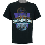 2001 vintage MLB Arizona Diamondbacks World Series Champions T-Shirt by Lee Sport. Black in color with spell-out and trophy graphic by Imagewear on front. Medium in size and is in excellent condition.