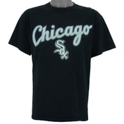 1990s vintage MLB Chicago White Sox spell-out T-Shirt by Lee Sport. Black in color, fits Large in size and is in very good condition.