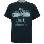 2005 vintage MLB Chicago White Sox World Series Champions spell-out T-Shirt by CSA. Black in color with helmet and team logo on front, Medium in size and is in excellent condition.