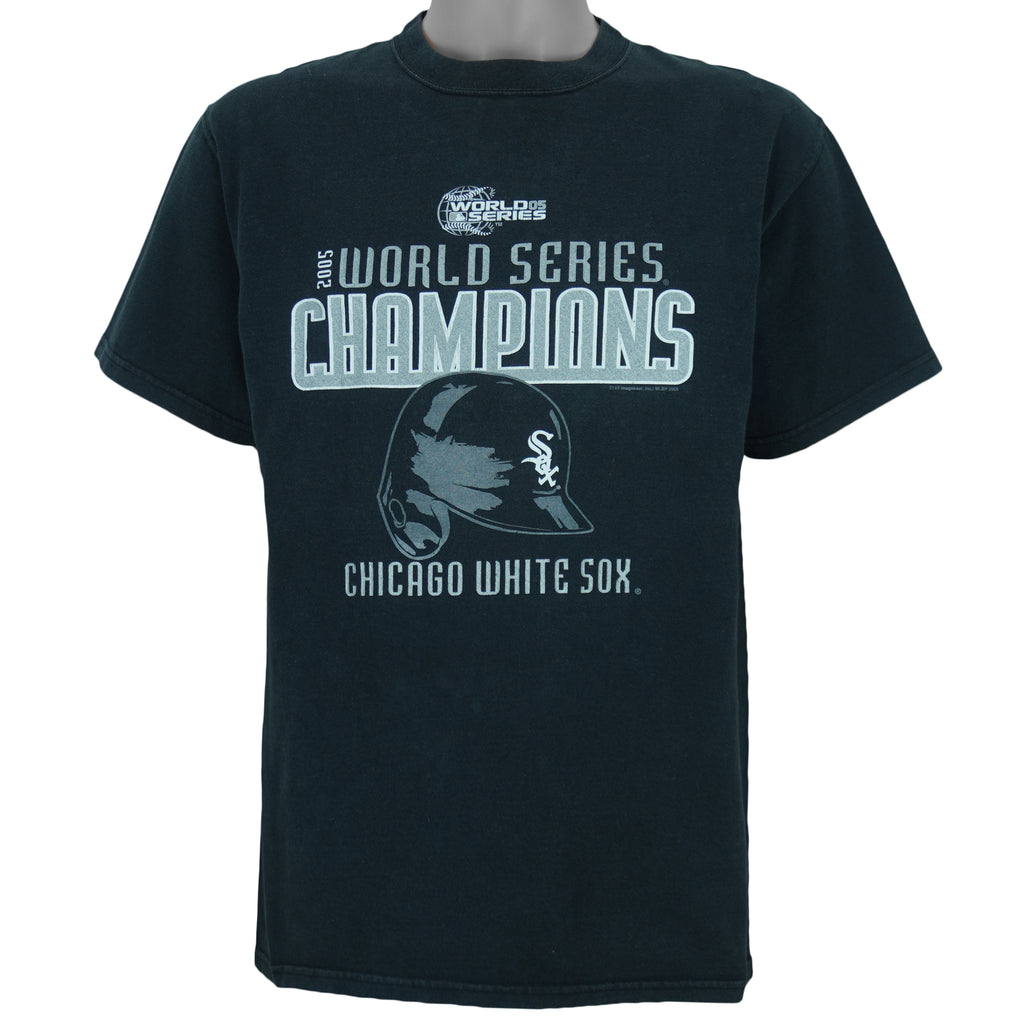 2005 vintage MLB Chicago White Sox World Series Champions spell-out T-Shirt by CSA. Black in color with helmet and team logo on front, Medium in size and is in excellent condition.
