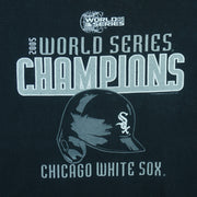 2005 vintage MLB Chicago White Sox World Series Champions spell-out T-Shirt by CSA. Black in color with helmet and team logo on front, Medium in size and is in excellent condition.
