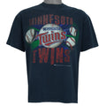 1991 vintage MLB Minnesota Twins spell-out T-Shirt by Bulletin Athletic. Blue in color with grunge lettering and baseball print on front, Medium in size and is in excellent condition.