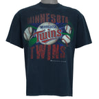 1991 vintage MLB Minnesota Twins spell-out T-Shirt by Bulletin Athletic. Blue in color with grunge lettering and baseball print on front, Medium in size and is in excellent condition.