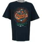 1996 vintage MLB Baltimore Orioles big-logo recycled material T-Shirt by Underground Athletic. Black in color with "Preserving our playing fields" text on front, XX-Large in size and is in excellent condition.