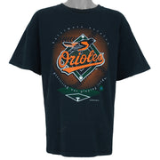 1996 vintage MLB Baltimore Orioles big-logo recycled material T-Shirt by Underground Athletic. Black in color with "Preserving our playing fields" text on front, XX-Large in size and is in excellent condition.