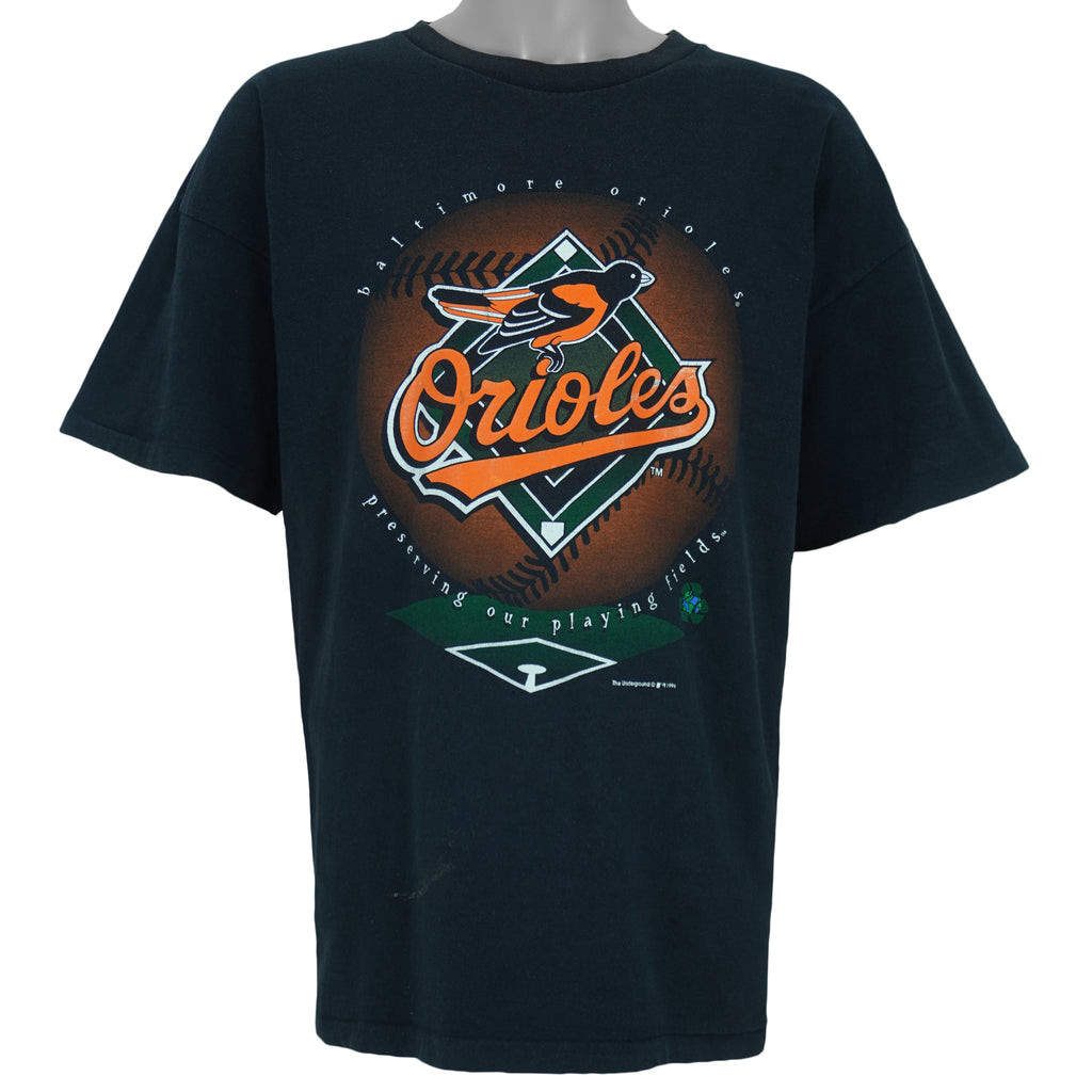1996 vintage MLB Baltimore Orioles big-logo recycled material T-Shirt by Underground Athletic. Black in color with "Preserving our playing fields" text on front, XX-Large in size and is in excellent condition.